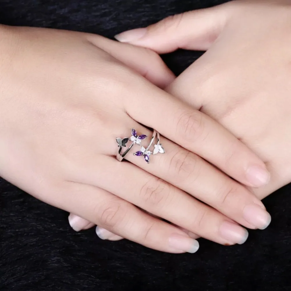 🌟 Sterling Silver Butterfly Purple Adjustable Ring